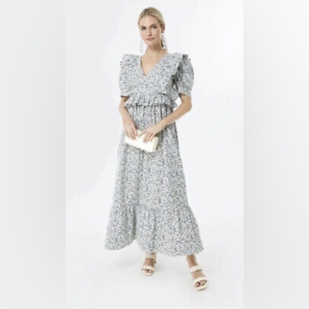 NWT Hyacinth House via Tuckernuck Blue Floral Puff Sleeve Meadow Midi Dress, XS